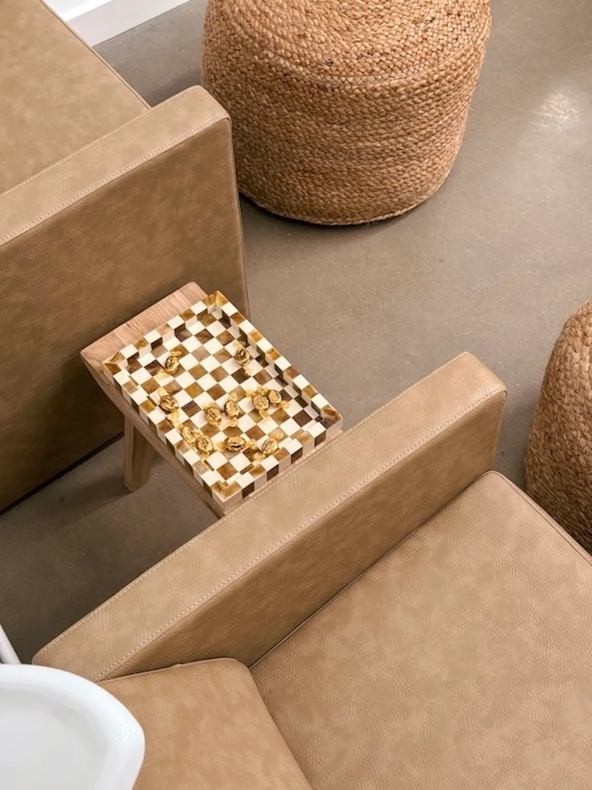 Leather seating and checkerboard dish detail