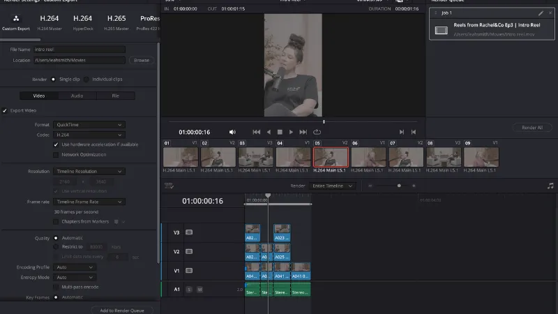adding reels to the render queue on davinci resolve