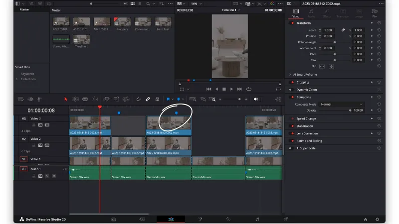 Timeline in DaVinci Resolve showing a marker added on a podcast clip at a specific timestamp