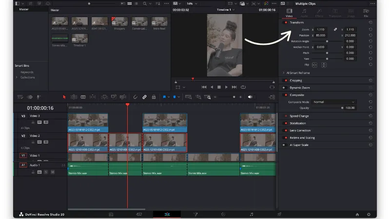 Editing video positioning on Davinci Resolve