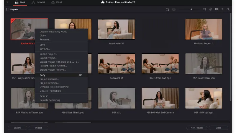 Screenshot of DaVinci Resolve project window showing a right-click menu with the ‘Copy’ option selected on a podcast project