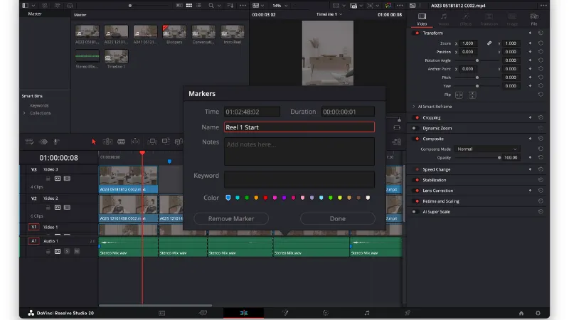 Marker editing window in DaVinci Resolve with options to name, add notes, and change the marker colour