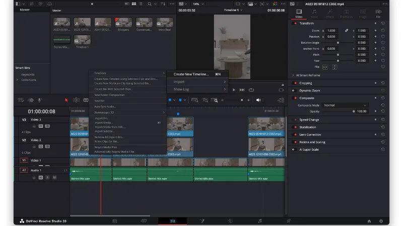 Creating a new timeline within a project on Davinci Resolve
