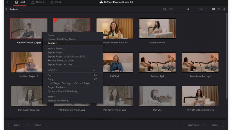 Renaming a duplicated project in DaVinci Resolve to “Reels from Pod Ep1” using the project name dialog box
