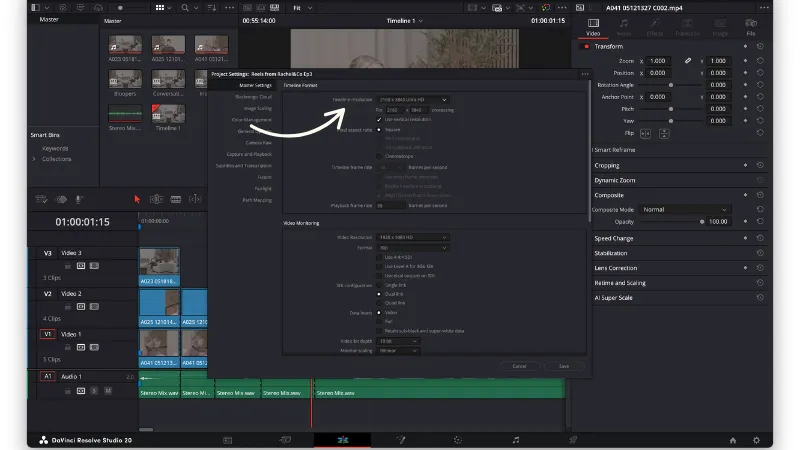 Editing timeline resolution on Davinci Resolve
