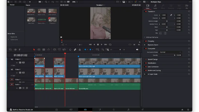 Timeline view with in and out points selected between markers in DaVinci Resolve, preparing a clip for export